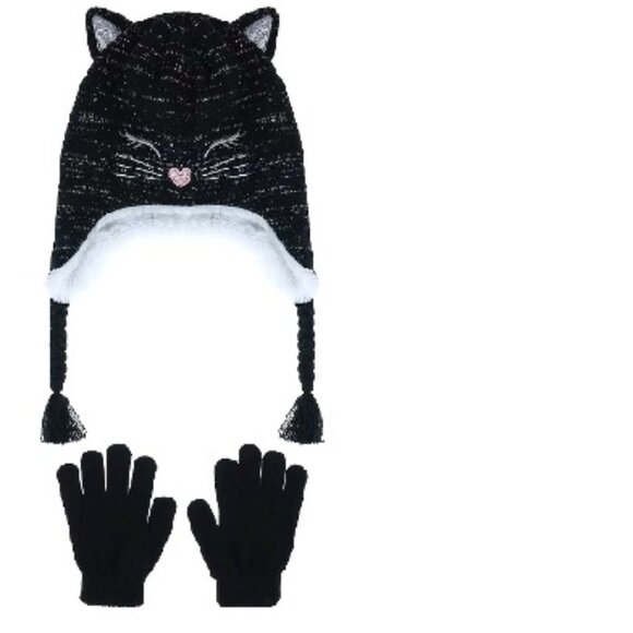 BNWT KIDS BY Elli by Capelli Cat Earflap Hat & Gloves Set BLACK (S/M 4-6 yrs) - Picture 1 of 8